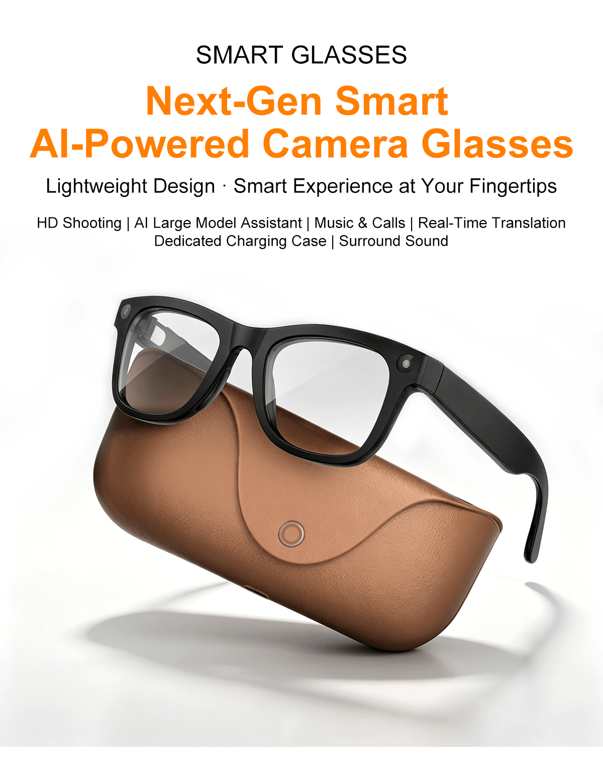 AI Glasses-Camera 8MP-Black Frame with transparency lens +Brown Color Charging Case - Image 2