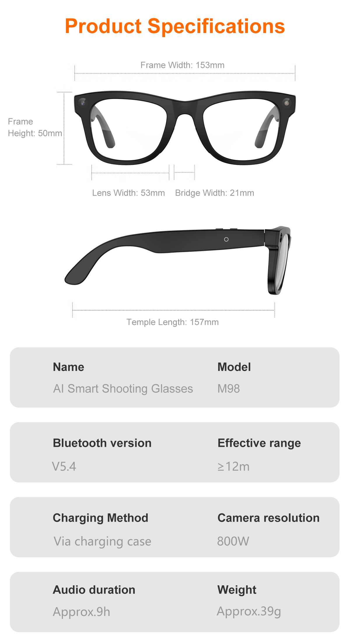AI Glasses-Camera 8MP-Black Frame with transparency lens +Brown Color Charging Case - Image 4