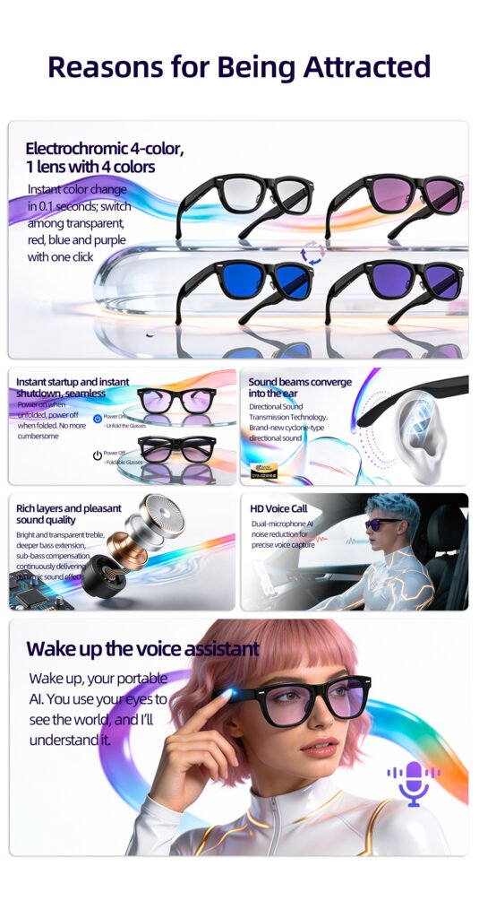 Smart Glasses-Electrochromic 4-colors HD Voice Call Fastest Color Switching Audio Glasses Sunglasses
