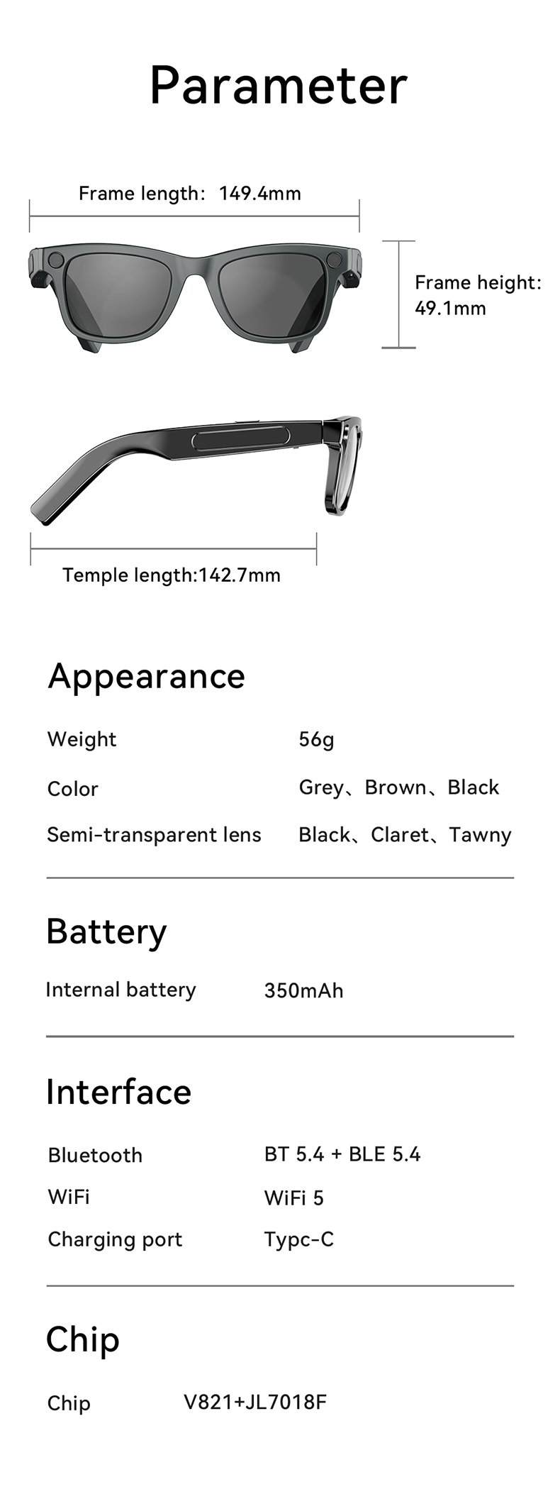 Smart AI Glasses-High Quality 2GB-Camera 8MP-410MaH Big Battery-Glossy Black Frame with Transparency Lens  AG01 - Image 6