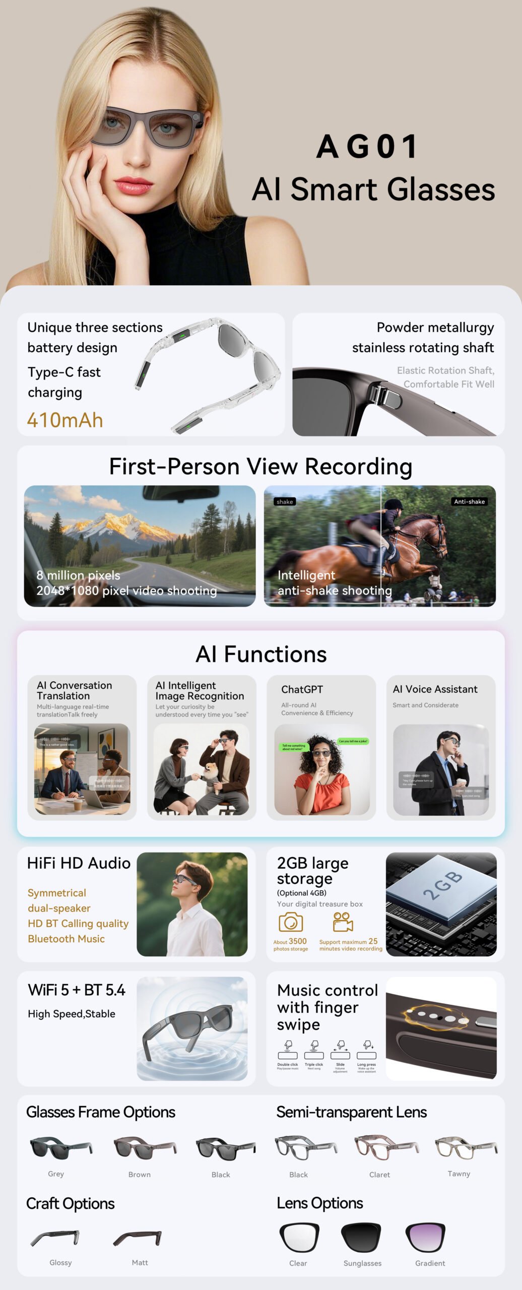 AI Glasses AG01-High Quality 2GB-Camera 8MP-410MaH Battery-Glossy Black Frame with Black Lens - Image 8