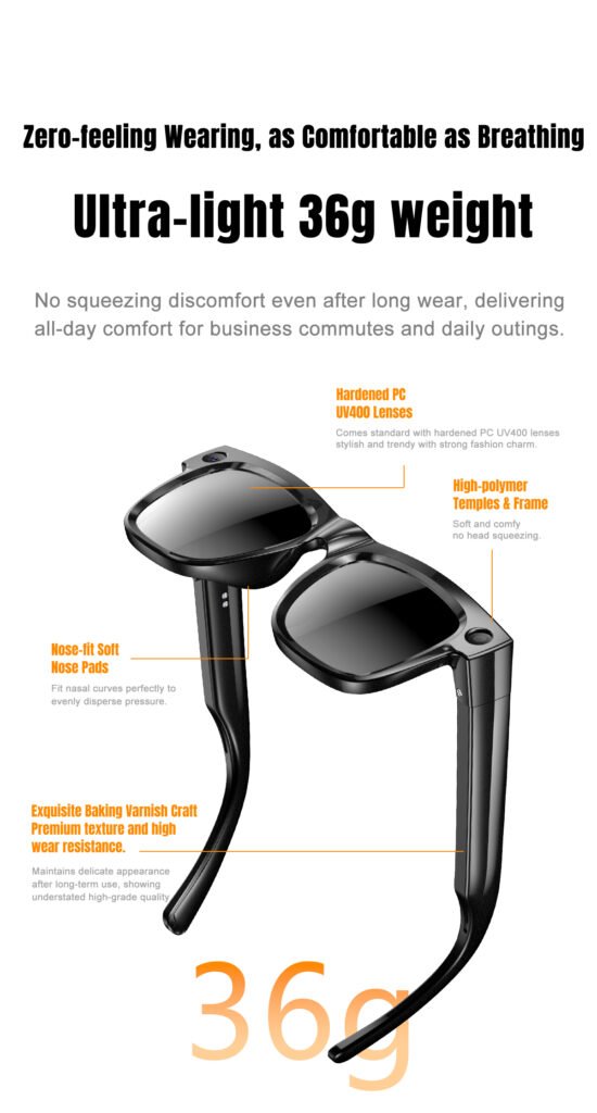 AI Smart Glasses Ultra Light 8MP Camera Photochromic Lens Sunglasses-Black Frame with Photochromic Lens Transparence turn to Gray Color